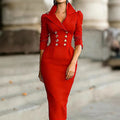 Elegant JN Fashion Fusion women's long dress with lapel V-neck, long sleeves, draped wrap design, and button accents.