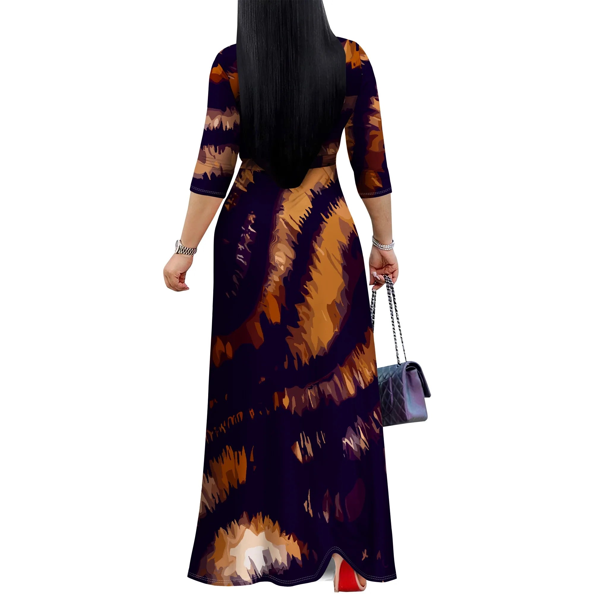 Casual Printed Maxi Dress Women Hawaii Vacation V Neck 3/4 Sleeve Loose Fit Long Dress