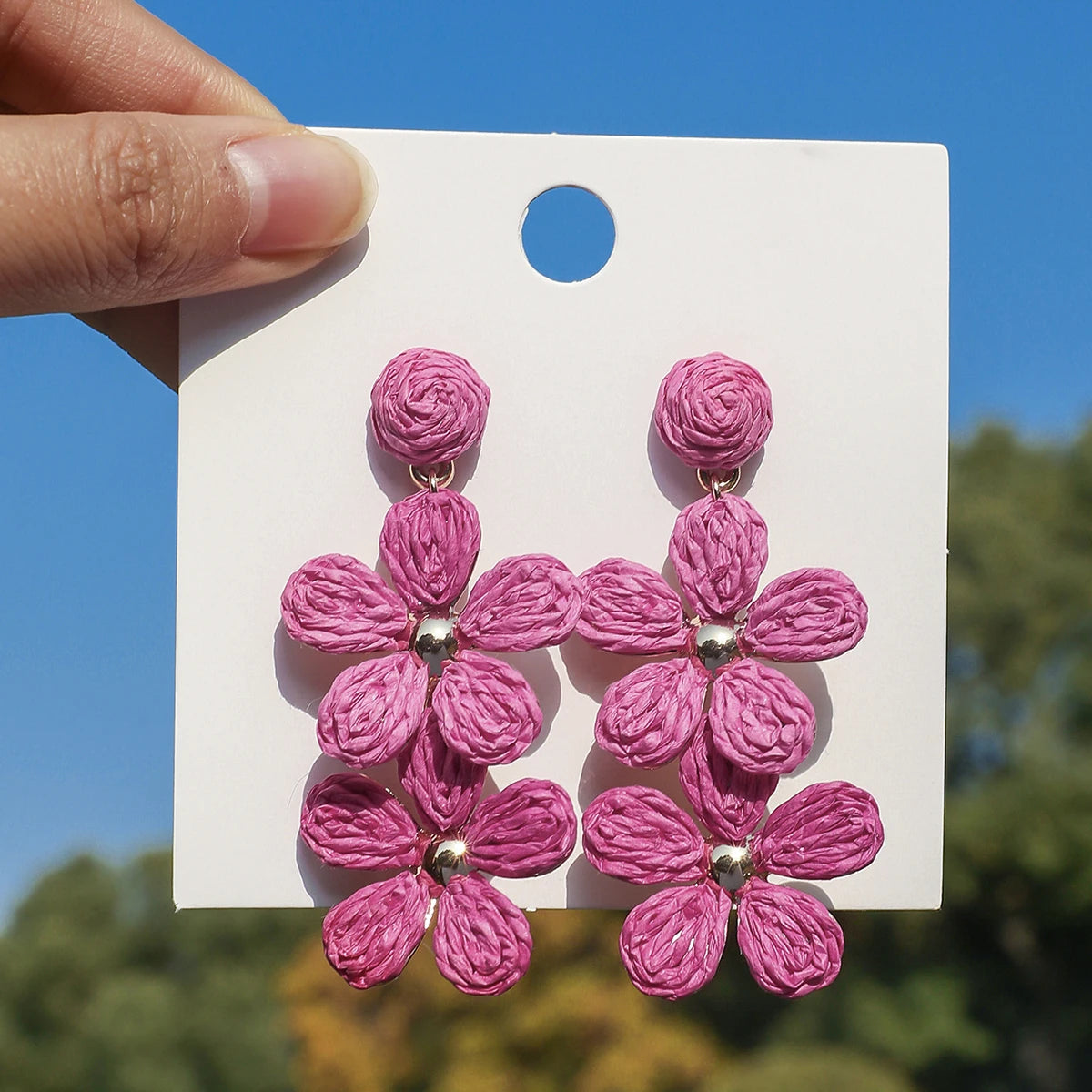Bohemia Sweet Colorful Raffia Layered Flower Earrings for Women Girls Summer Handmade Rattan Knit Drop Earrings Holiday Jewelry