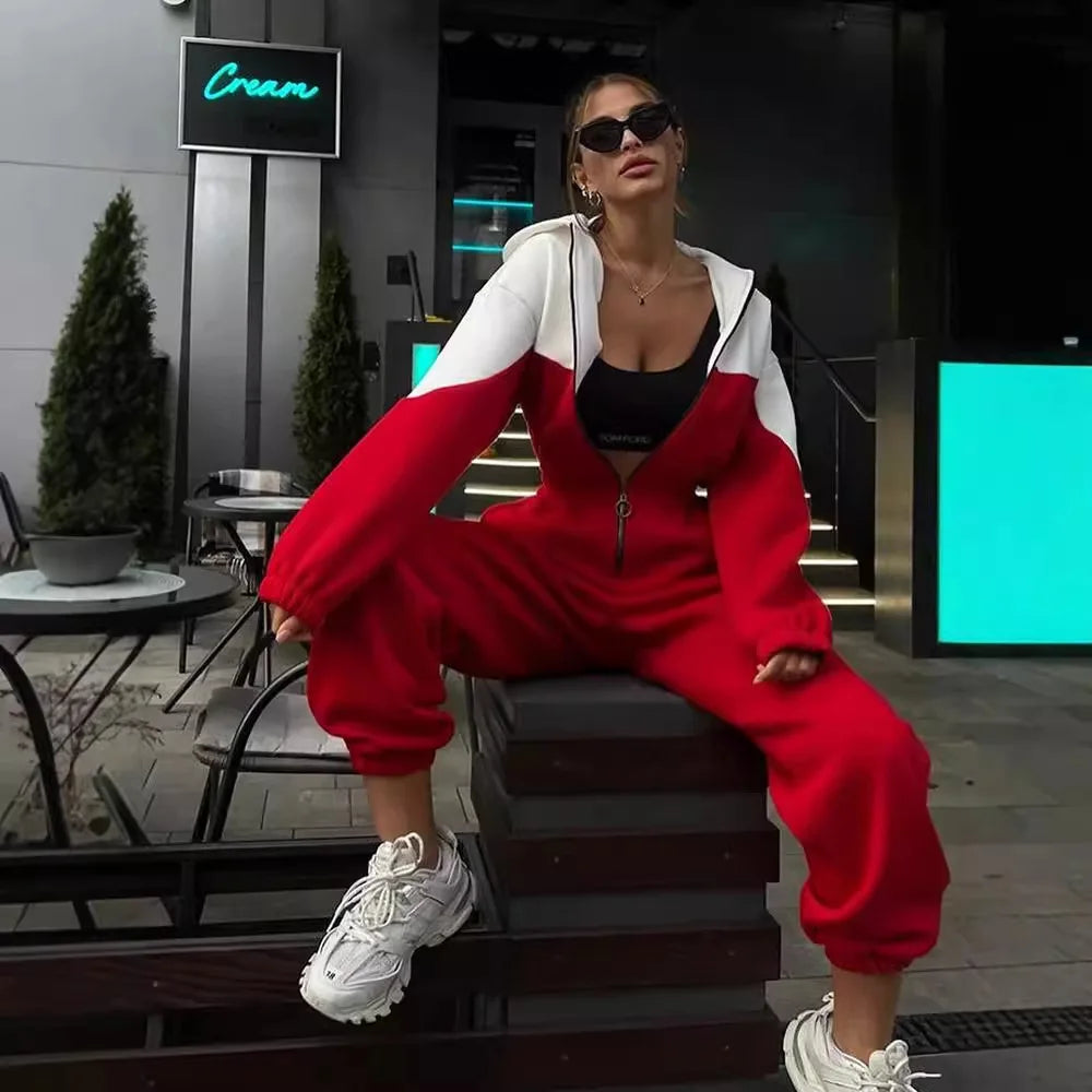 Women's Zipper Sports Jumpsuit Fashion Casual Contrast Color Long-Sleeved Jumpsuits Spring New High Waist One Piece Sets Black