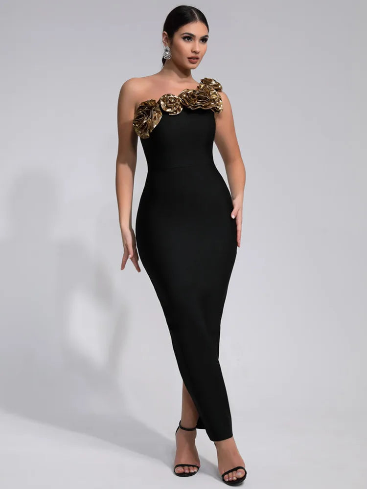 New Women Celebrity Luxury Sexy One Shoulder Flower Black Maxi Long Bandage Dress 2024 Knitted Elegant Evening Club Party Outfit - JN Fashion Fusion