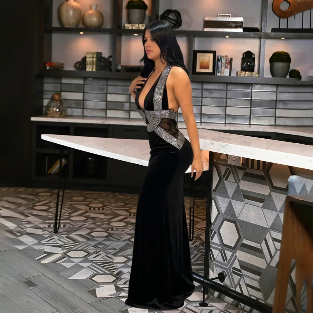 CM.YAYA Women Sleeveless Halter Diamonds Velvet Mermaid Long Dress 2025 Winter Evening Party Night Club V-neck Dresses Vestidos - JN Fashion Fusion