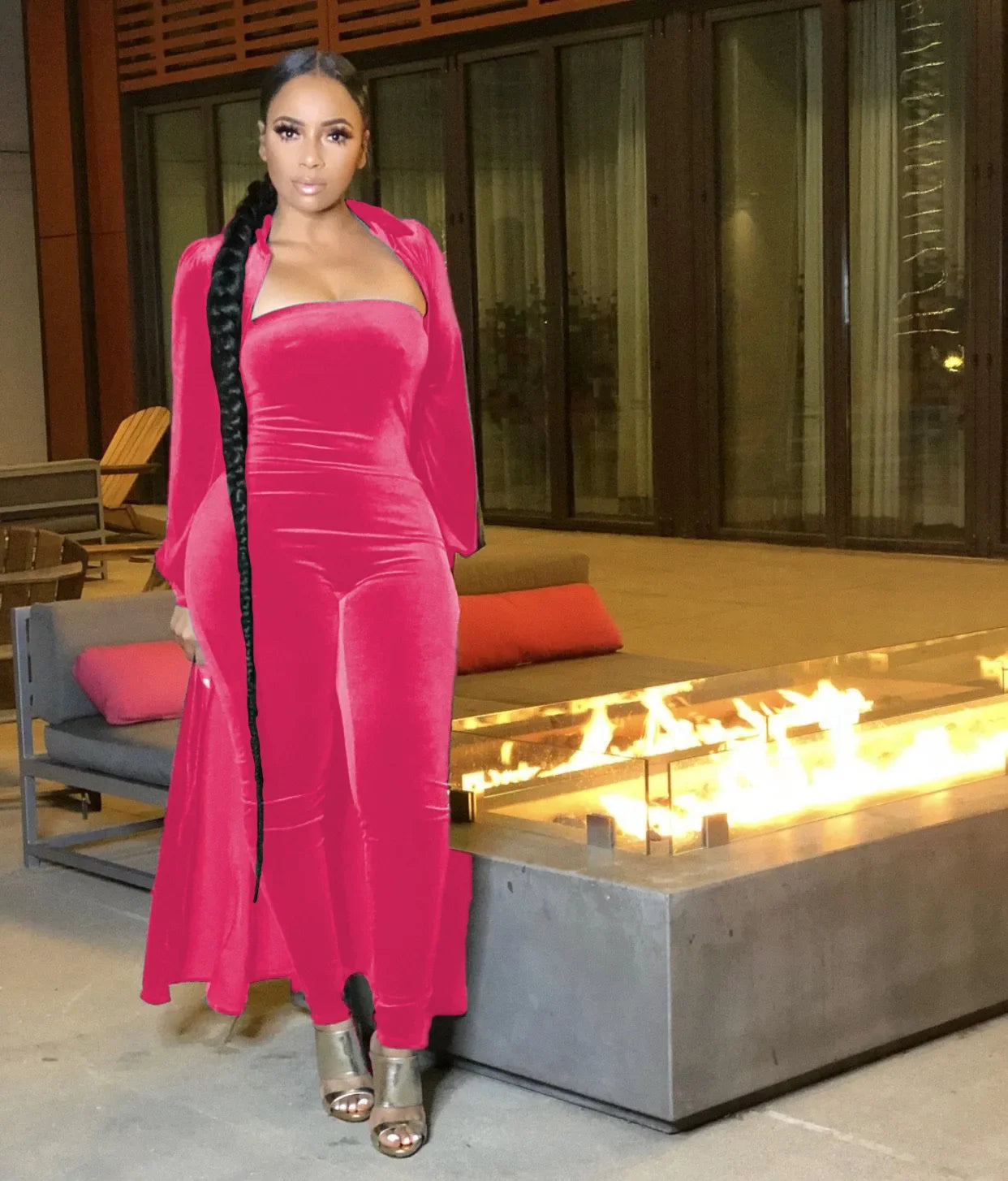 CM.YAYA Vintage Velvet Two 2 Piece Set Outfits for Women Long Sleeve Maxi Cardigan + Strapless Jumpsuit Suit INS 2022 Tracksuit - JN Fashion Fusion