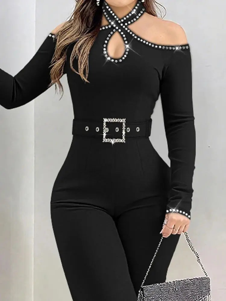 Rhinestone Decor Halter Cold Shoulder Long Sleeve Jumpsuit Hollow-out Front Zipper Back with Belt Overalls for Women One Pieces - JN Fashion Fusion
