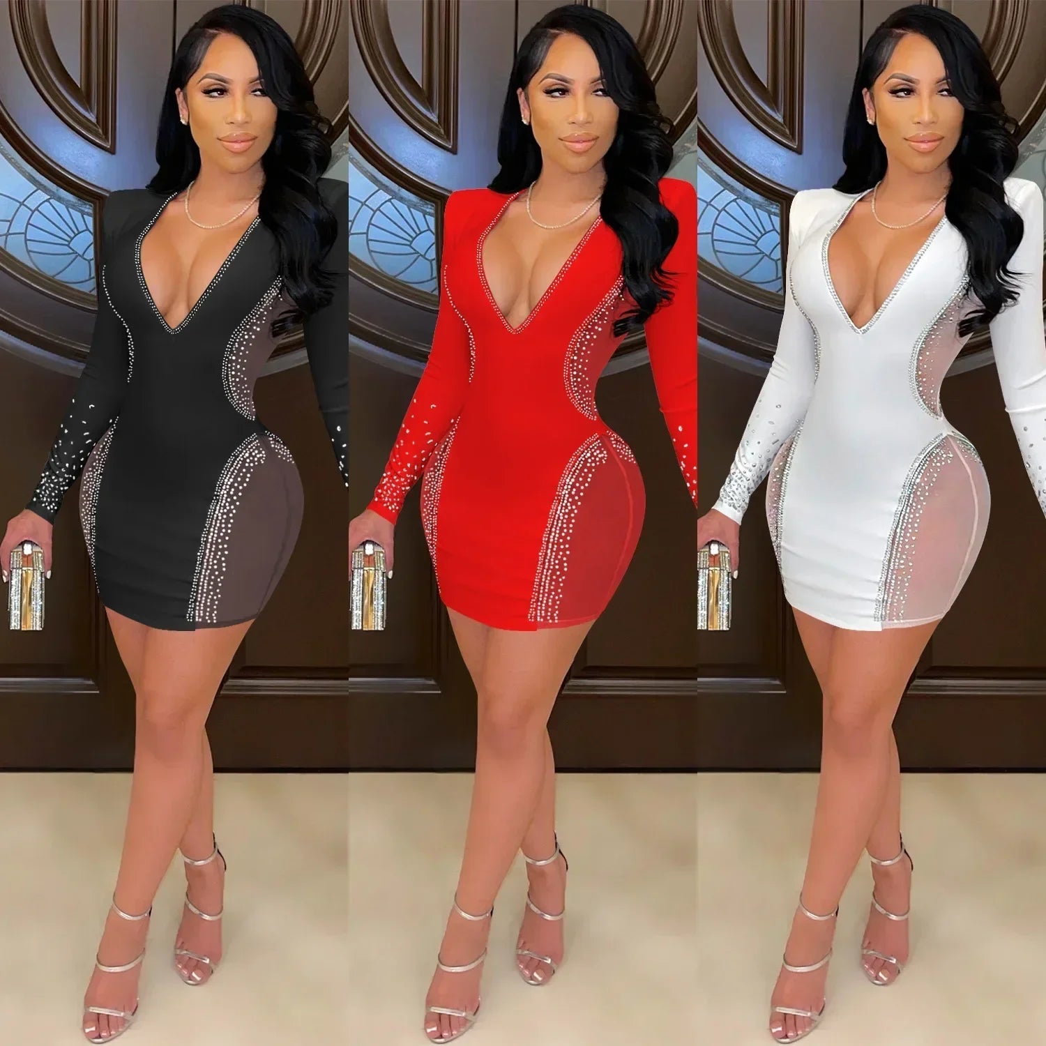 Europe Fashion New Women's Sexy Deep V Night Club Party Dress Hot Drill Perspective Skirt