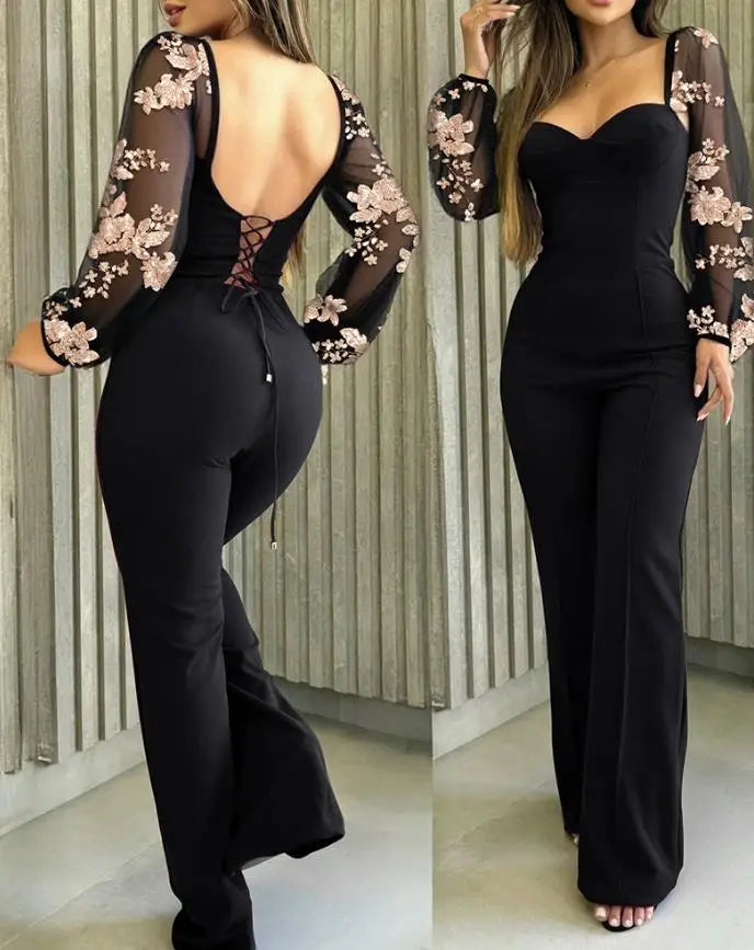Women's Sweetheart Neck Sequin Flower Mesh Lantern Sleeves Lace-Up Back Jumpsuit Casual Backless Seam Front Wide Leg Jumpsuit