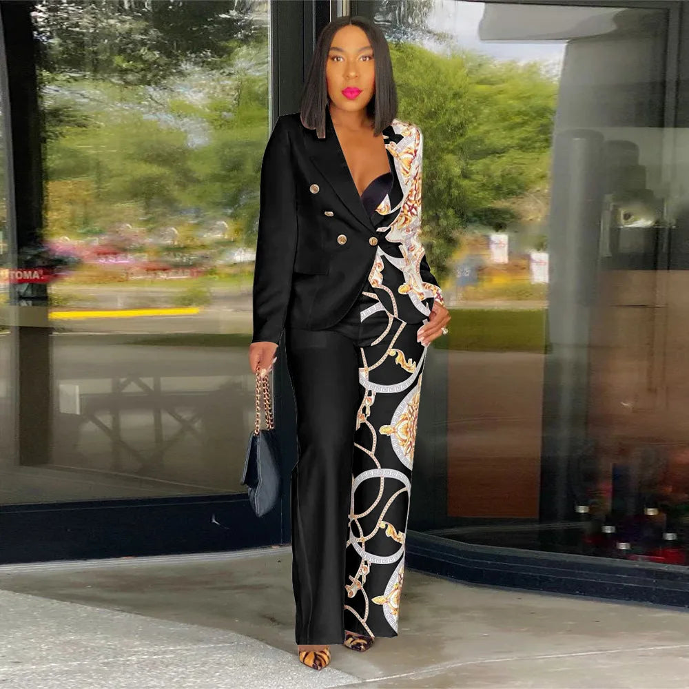 2024 Women Formal Jacket & Trousers Office Lady Outfits Autumn Women Two Pieces Set Print Blazer Coat & Pants Suit Sets Female - JN Fashion Fusion