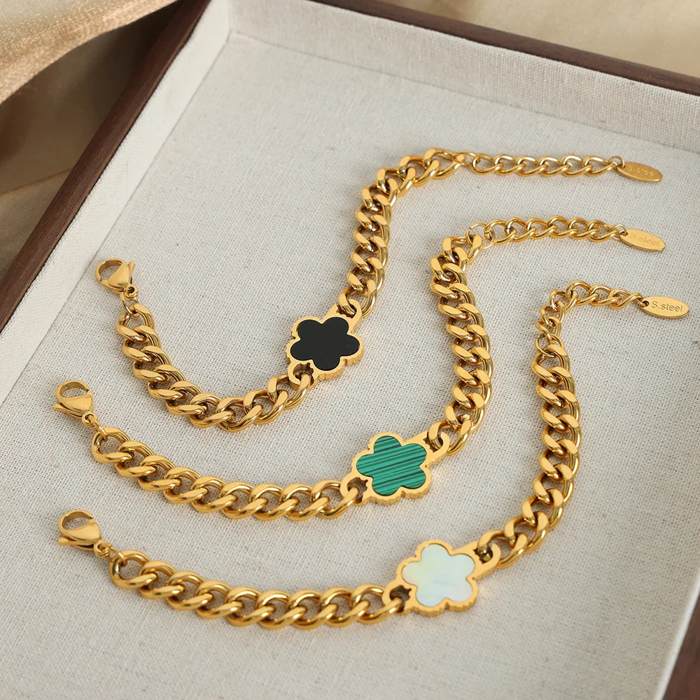 Elegant Stainless Steel New Hip Hop Cuban Link Five Leaf Flower Set Shell Bracelet Necklace Women's Minimalist Chain Jewelry - JN Fashion Fusion