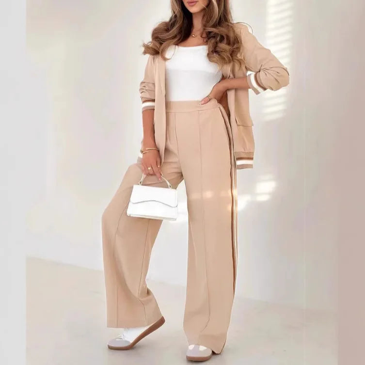 JN Fashion Fusion women's wide leg pant set with high waist, button coat, patchwork design, and practical pockets.