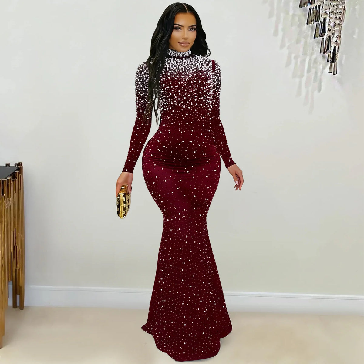 Elegant black long dress by JN Fashion Fusion with beaded embellishments, mock neck, full sleeves, and A-line silhouette for evening events.