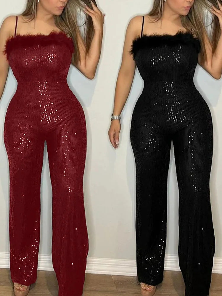 Women Sexy Off Shoulder Sleeveless Long Rompers Elegant Shiny Sequins Waist Playsuits Fashion Feather Splicing Sling Jumpsuits