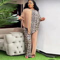 African fashion two-piece set for women featuring leopard print patchwork, batwing sleeves, loose top, and matching pants by JN Fashion Fusion.