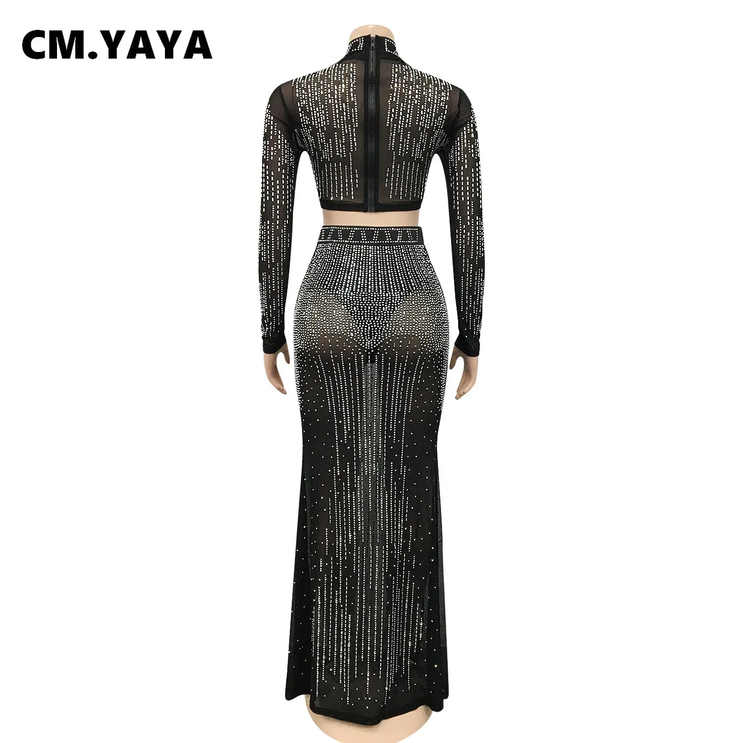 CM.YAYA Women Mesh See Though Hot Rhinestones Diamonds Patchwork Maxi Midi Dress Sexy Party Long Skirts Suit Matching Set - JN Fashion Fusion