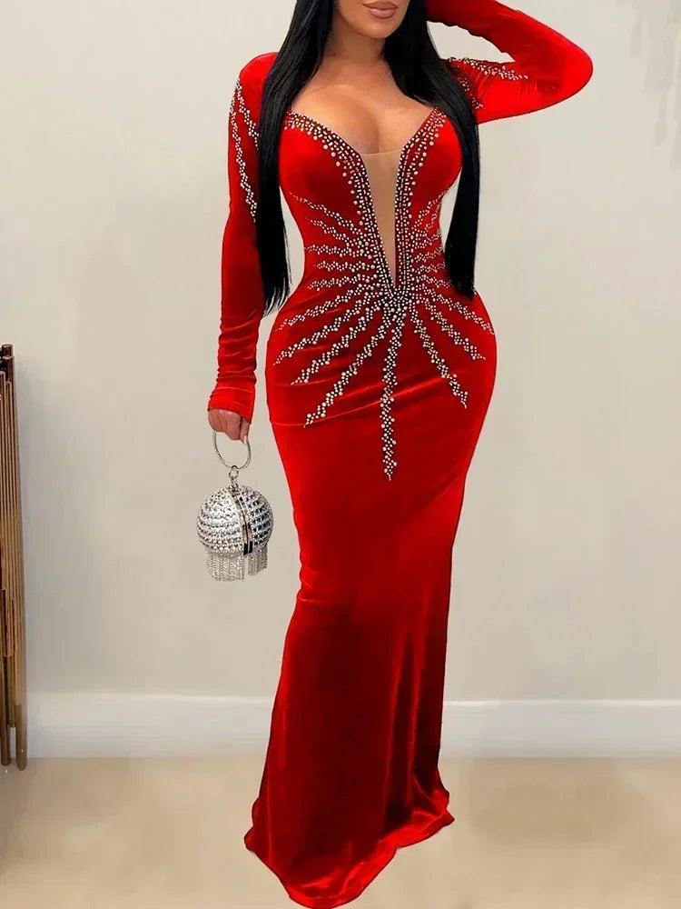 2025 Elegant Diamonds Velvet Long Party Dress for Women Sexy Deep V Evening Gown Formal Black Slim Dress Robe - JN Fashion Fusion