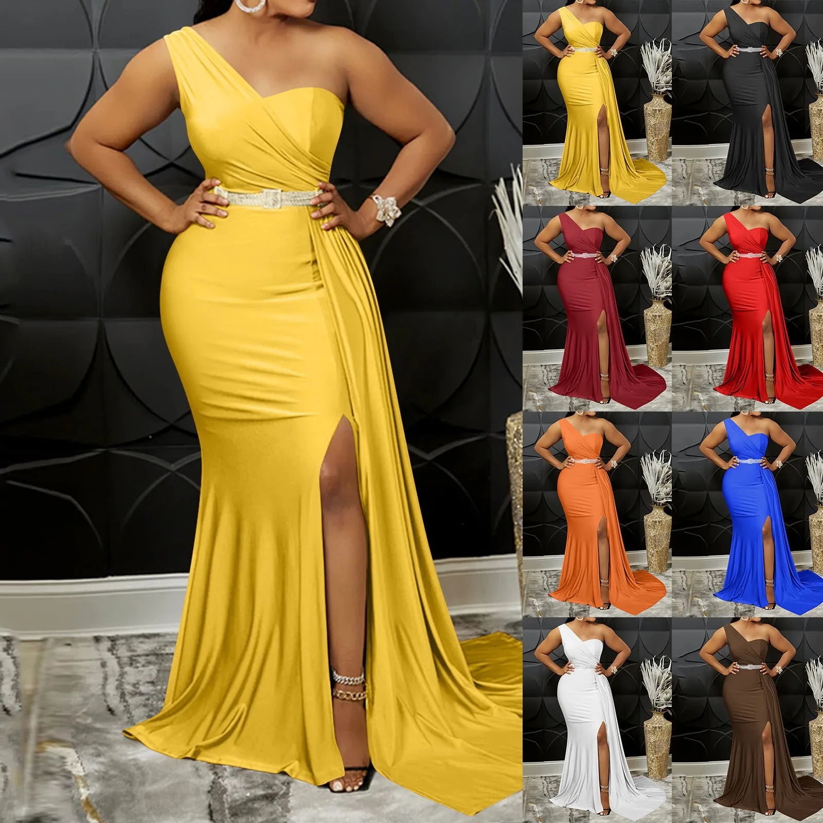 Yellow Women Sexy Bodycon Dresses Elegant One Shoulder Formal Party Event Evening Dress Female Side Slit African Gowns Vestidos - JN Fashion Fusion