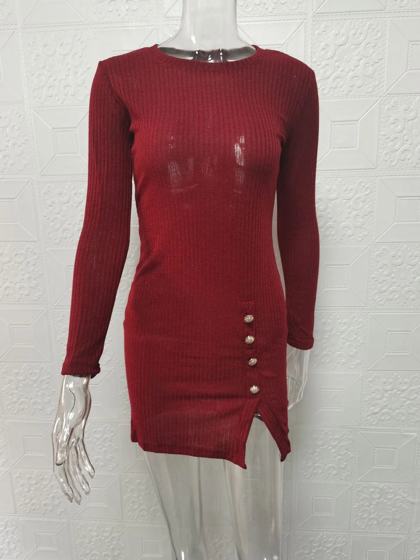 2025 New Women's Long-sleeved Dress O-neck Pullover High-waist Slim Slim Fashion Button Hot Girl Hip-covering Short Skirt - JN Fashion Fusion