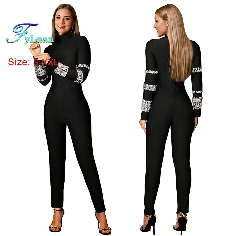 Slim Women Long Sleeve Jumpsuits With Diamonds Temperament Tracksuit Casual Solid Color Simple O NeckHoliday Women Outfit Pants