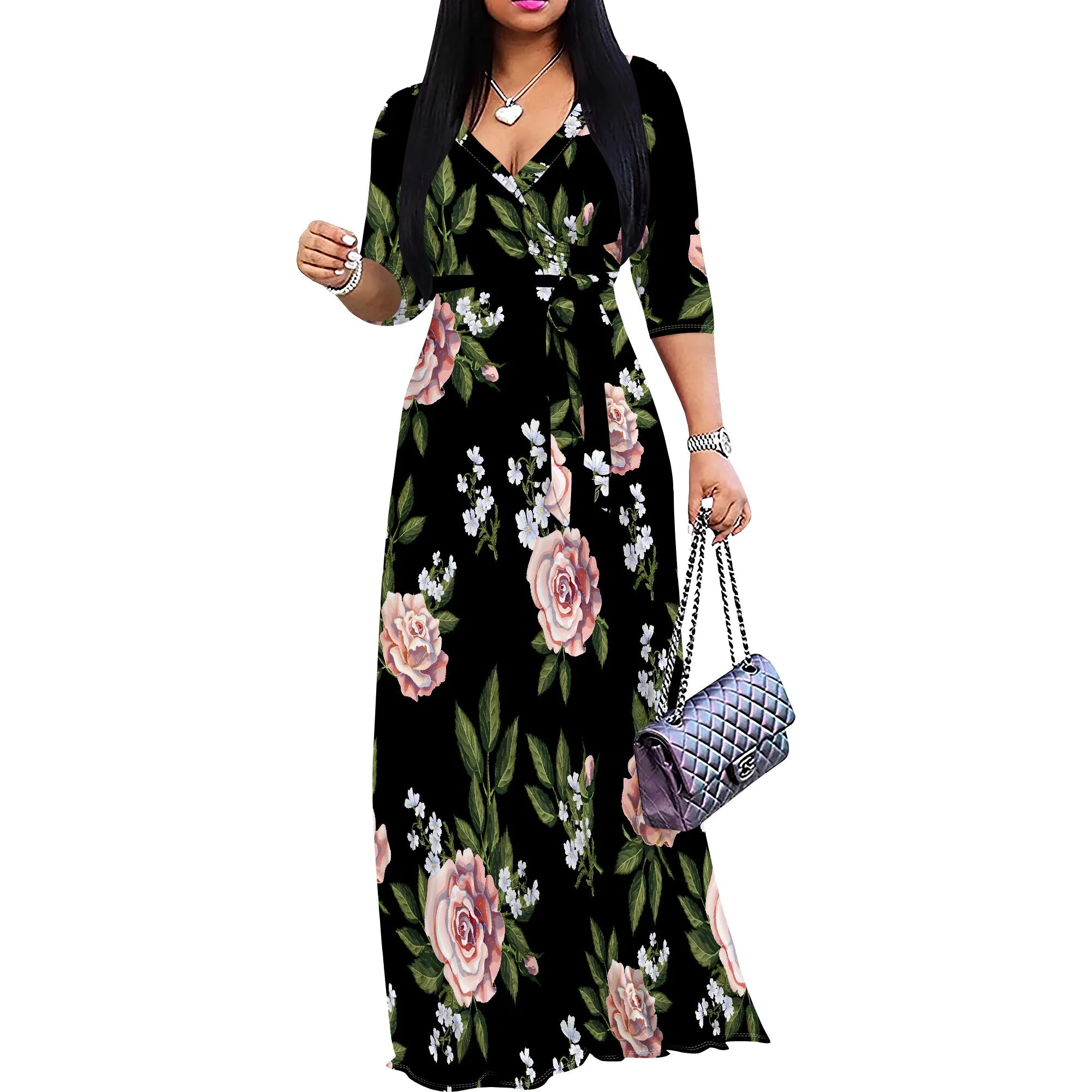 Women's 3/4 Sleeve V Neck Women With Pocket and Bel Long Dress Fashion Printed Split Hem Club Party Casual Vacation Maxi Dress - JN Fashion Fusion