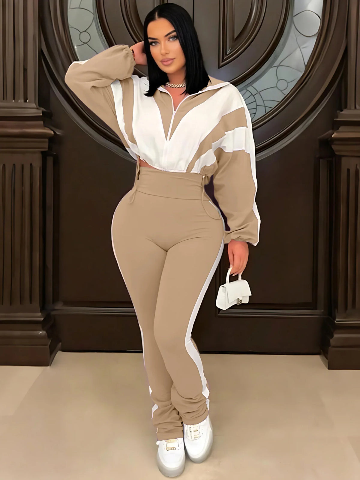 Active Patchwork Women's Zipper Sweatshirt Jacket and Long Pants Set by JN Fashion Fusion, stylish fall tracksuit outfit.