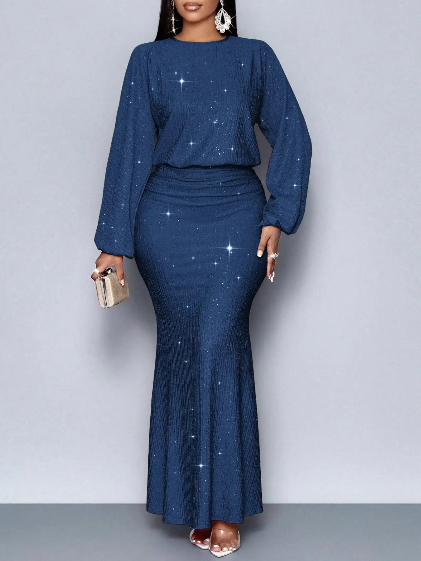 Fashion Shiny Women's Dress Spring Autumn O-neck  Long Sleeve Slim Hips Banquet Long Dress Female Pleated Party Fishtail Dresses - JN Fashion Fusion