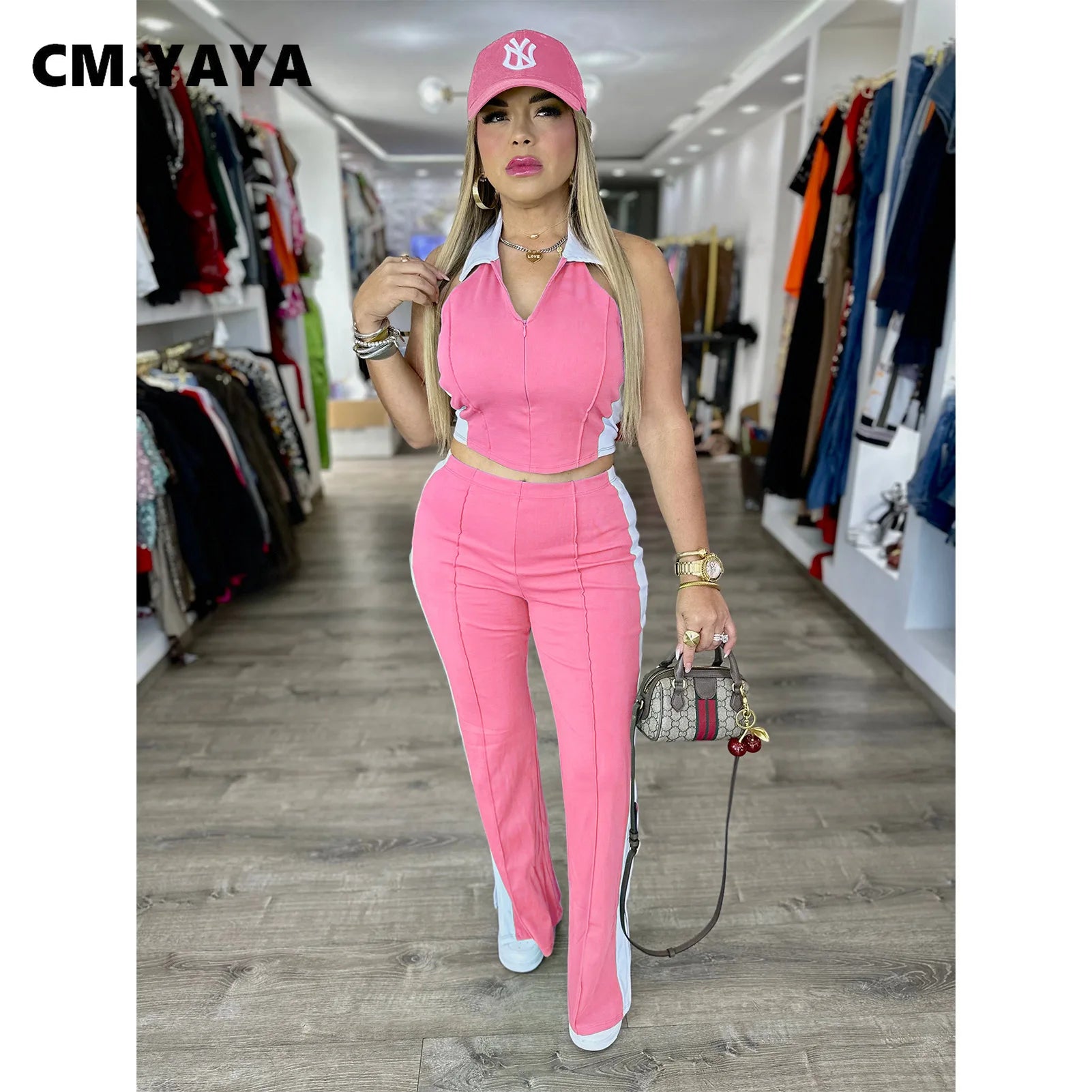 CM.YAYA Sporty Patchwork Women's Set Sleeveless Polo-tank Tops and Slit Flare Pants 2025 Active Two 2 Piece Set Outfit Tracksuit - JN Fashion Fusion