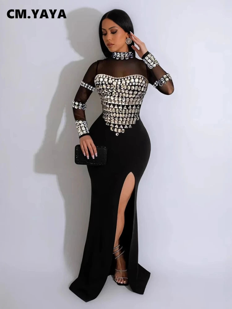 CM.YAYA Women Full Sleeve Diamonds Mesh Rhinestones High Side Split Mermaid Maxi Long Dress Evening Sexy Party Dresses Vestidos - JN Fashion Fusion