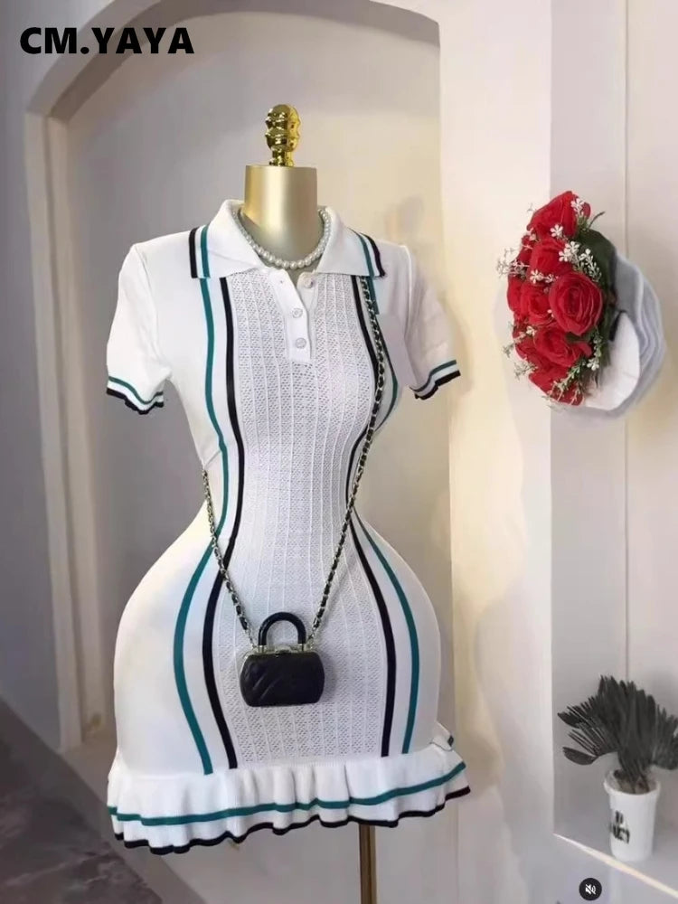 CM.YAYA Women Knit Ribbon Striped Short Sleeve V-neck Ruffles Mini Dress 2025 Summer Club Sexy Party Evening Dresses Vestidos - JN Fashion Fusion
