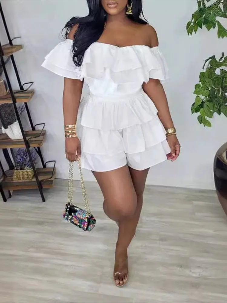 Women's Jumpsuits Elegant Women Playsuit Sexy Off Shoulder Ruffles Slim Short Jumpsuit 2026 Summer Fashion Ruffle Rompers Female