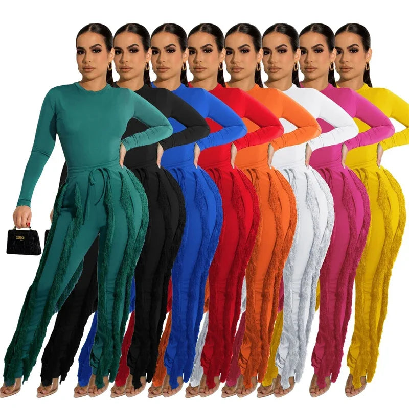 Elegant women's 2-piece fall winter outfit featuring a long sleeve bodysuit top and tassel pants from JN Fashion Fusion.