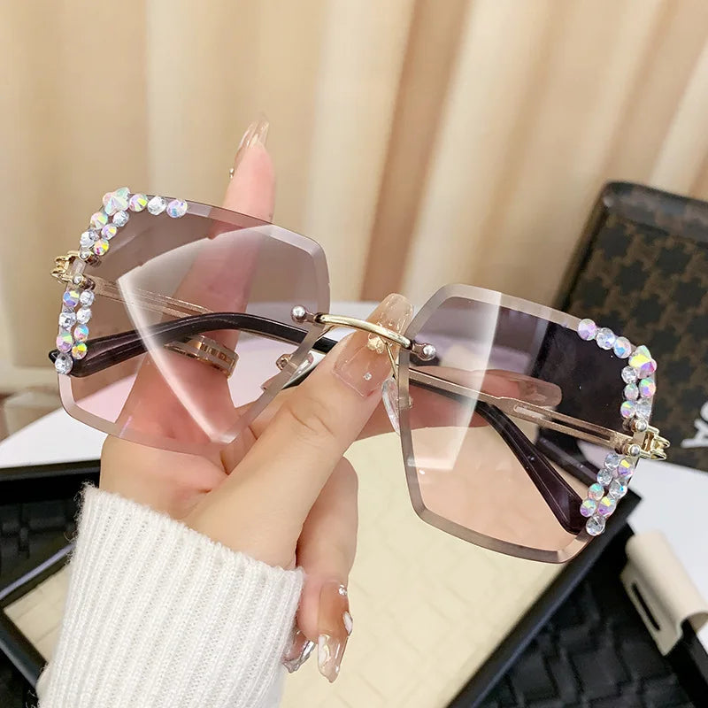 1 pair of fashionable women's square frameless gradient lens glasses with crystal decoration and metal material - JN Fashion Fusion