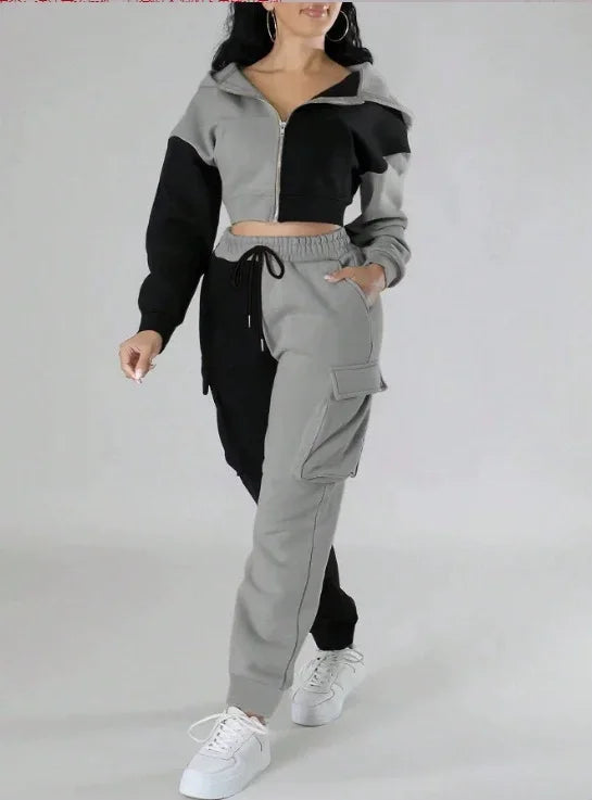 Women Loose Autumn Winter Two Pieces Suit Matching Sets Hoodie Tracksuit Blocked Zipper Short Outerwear Drawstring Cargo Pants - JN Fashion Fusion