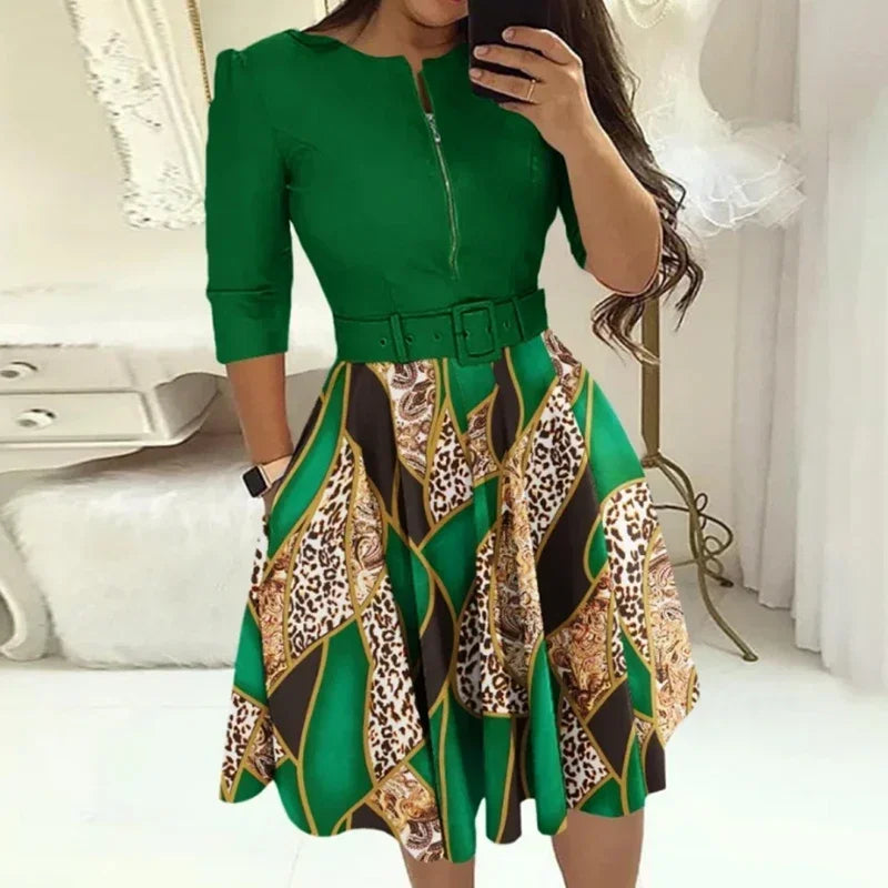 Fashion Women Patchwork A-line Dresses Autumn/Winter Round Neck Printed Belt Party Dress Elegant Office Lady Zipper Dress - JN Fashion Fusion