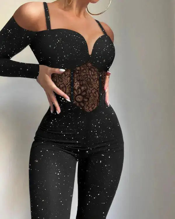 Fashionable Lace Hollow out One-Piece Pants Glittering Knitted Fabric Strap One-Piece Pants mid Waist Nine Points Pants