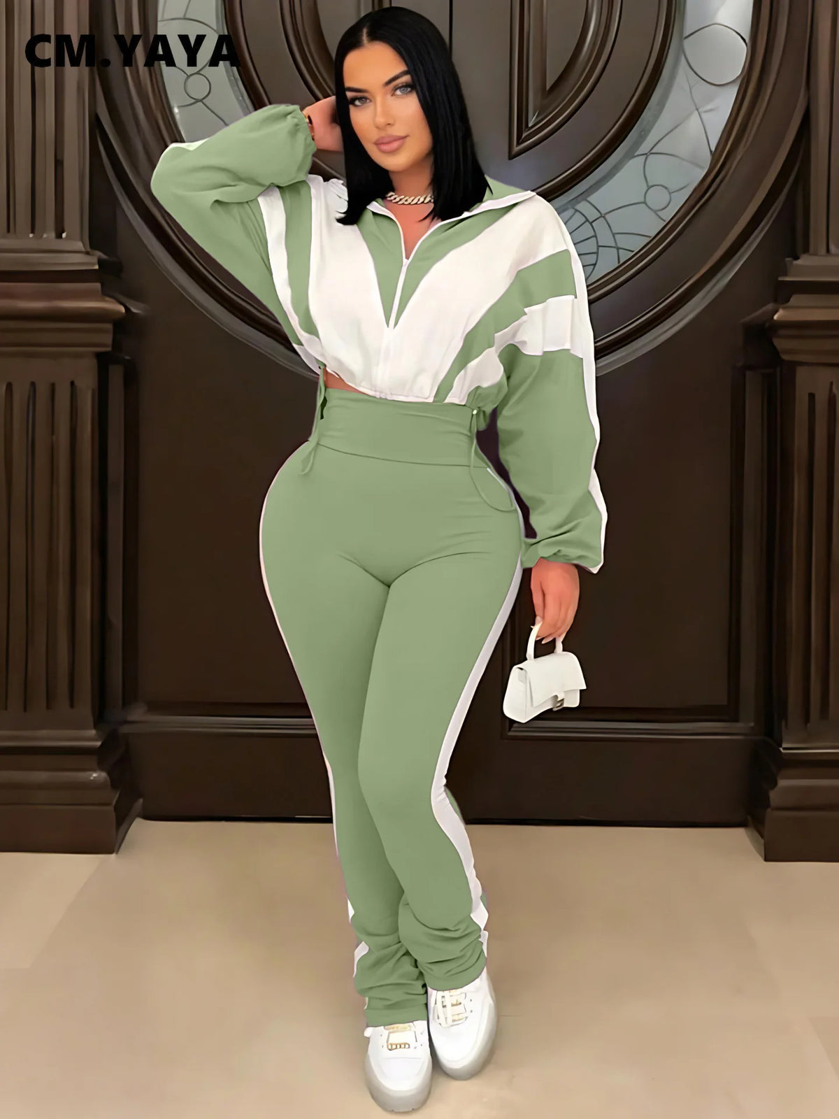 Active Patchwork Women's Zipper Sweatshirt and Long Pants Set by JN Fashion Fusion, stylish fall tracksuit for casual wear.