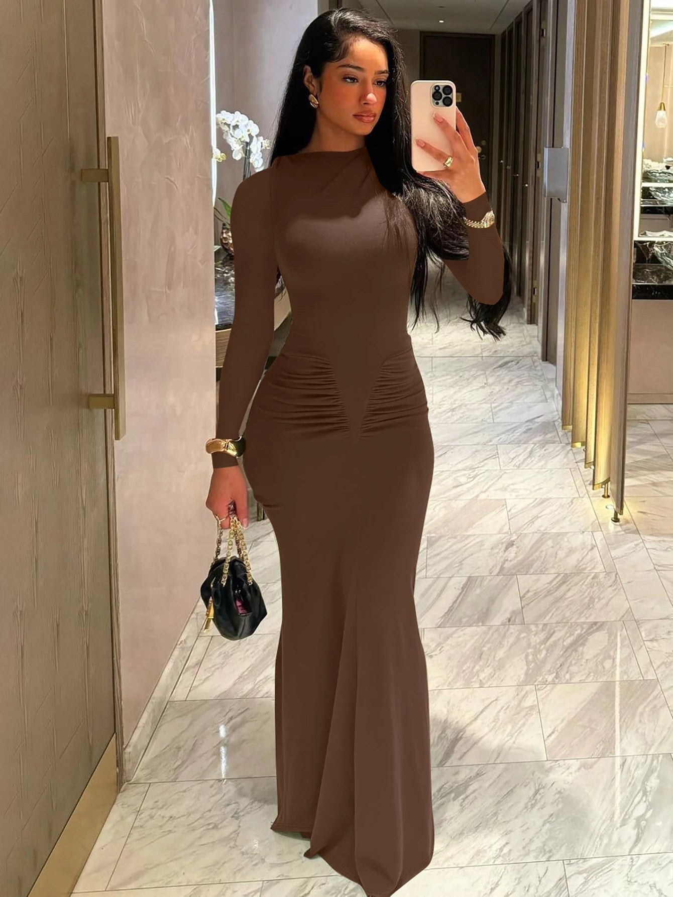Hugcitar Autumn Solid Long Sleeve Draped Sexy Bodycon Maxi Prom Dress Women Fashion Y2K Outfits Evening Party Festival Club - JN Fashion Fusion
