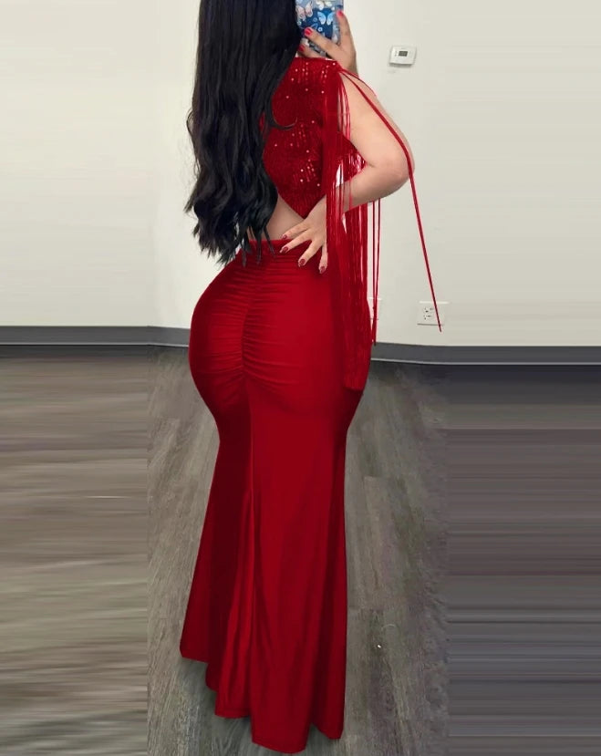 Elegant Evening Party Dresses for Women Sexy Contrast Sequin Ruched Slit Evening Dress 2026 New Fashion Casual Female Clothing - JN Fashion Fusion