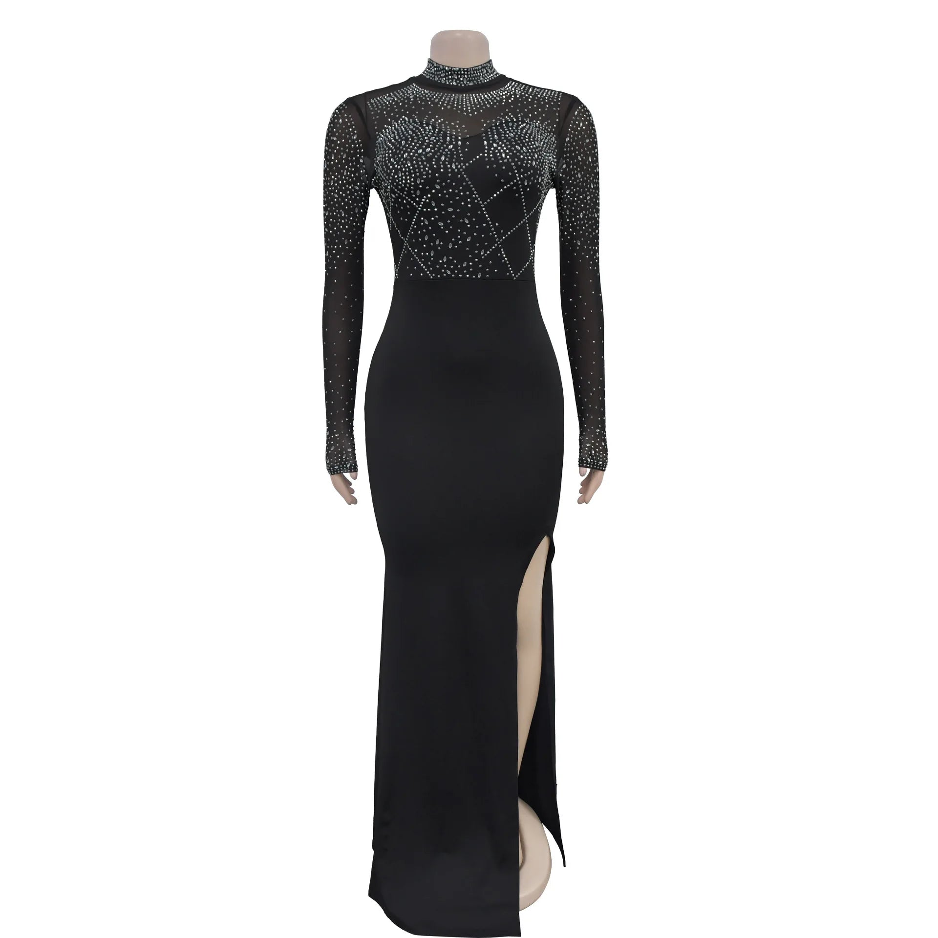 HBLL Sexy Mesh Patchwork Skinny Maxi Dress Women Rhinestone Long Sleeve See Through Bodycon Birthday Clubwear Celebrity Dress - JN Fashion Fusion
