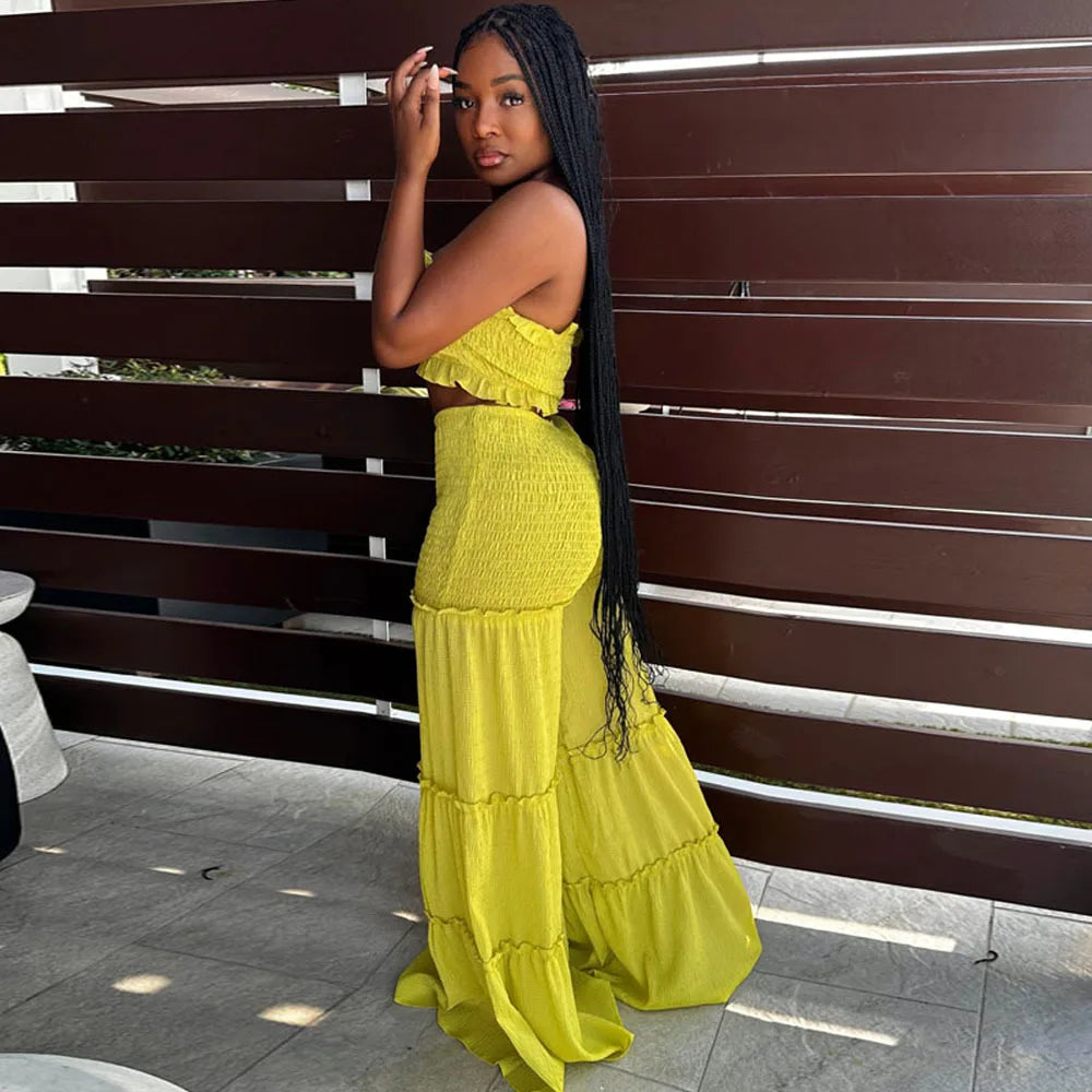 Women Summer Sexy Outfits 2pc Boho Pant Sets Ruffled Two Pieces Pants Set Ladies Strapless Crop Tube Top and Wide Leg Pants Suit - JN Fashion Fusion