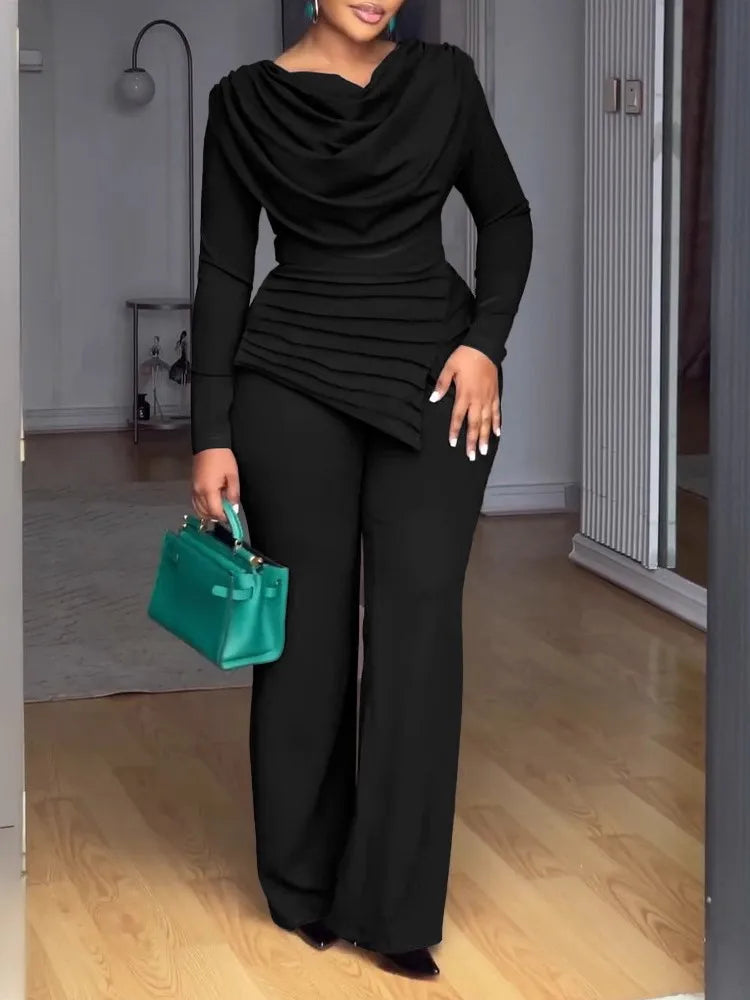 Swing Collar Ruched Jumpsuit Long Sleeve Solid Elegant Office Ladies Asymmetric Hem Autumn Casual Vintage Ruched Slim Rompers - JN Fashion Fusion