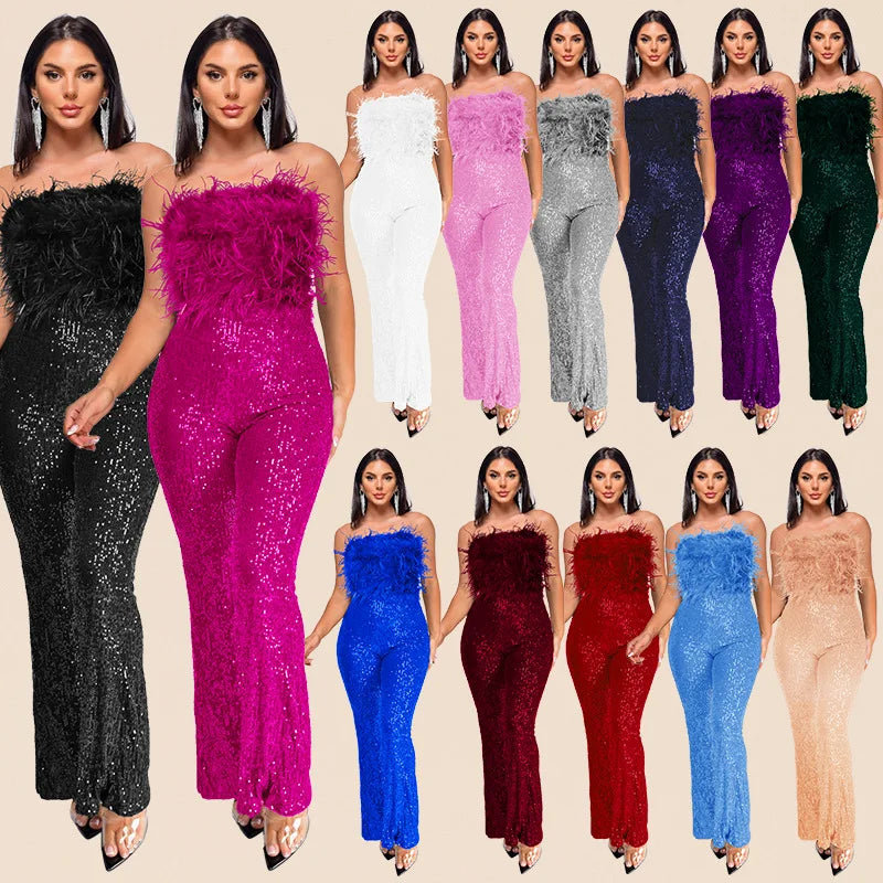 Sliver Bling Bling Sequined Club Jumpsuit Women Strapless Elegant Sparky Gold Sequins Party Romper Overalls