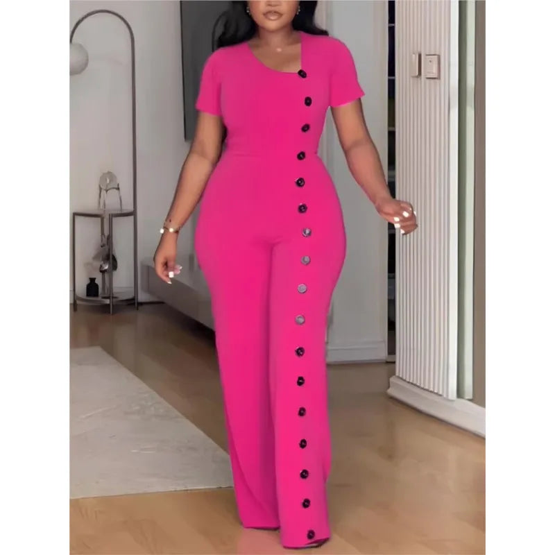 Women's Elegant Long Jumpsuits Summer Short Sleeve Buttons Solid Color Wide Leg Pants Rompers Female One Pieces Party Overalls
