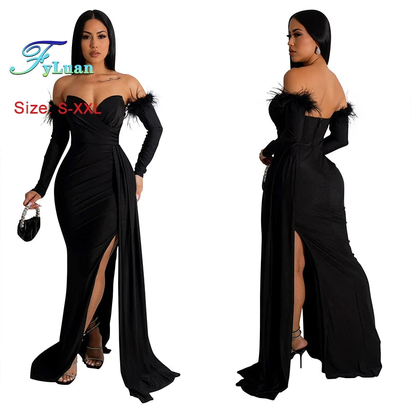 2026 Red Wrap Chest Long Dresses For Women Sleeveless With GlovesRibbon Side Split Ruffles Robe Evening Birthday Party Clothes - JN Fashion Fusion