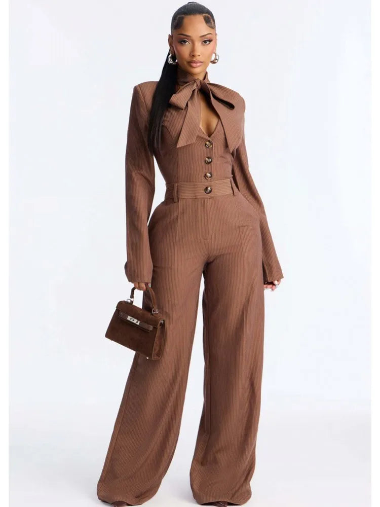 Solid Women Jumpsuits For Spring Summer Long Sleeve V-Neck Balck Jumpsuits Fashion Streetwear Overalls Pants Trousers 2026 - JN Fashion Fusion