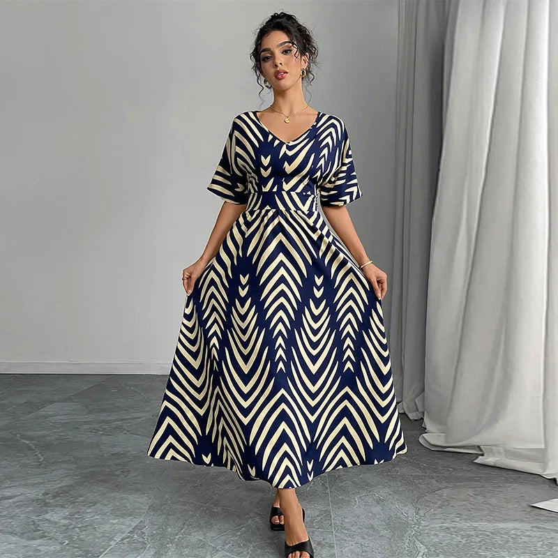 Women's Dresses Fashion Printed V-neck Short Sleeve Waist Wide Dress Summer New Stripe Belt Comfortable Elegant Party Dresses - JN Fashion Fusion