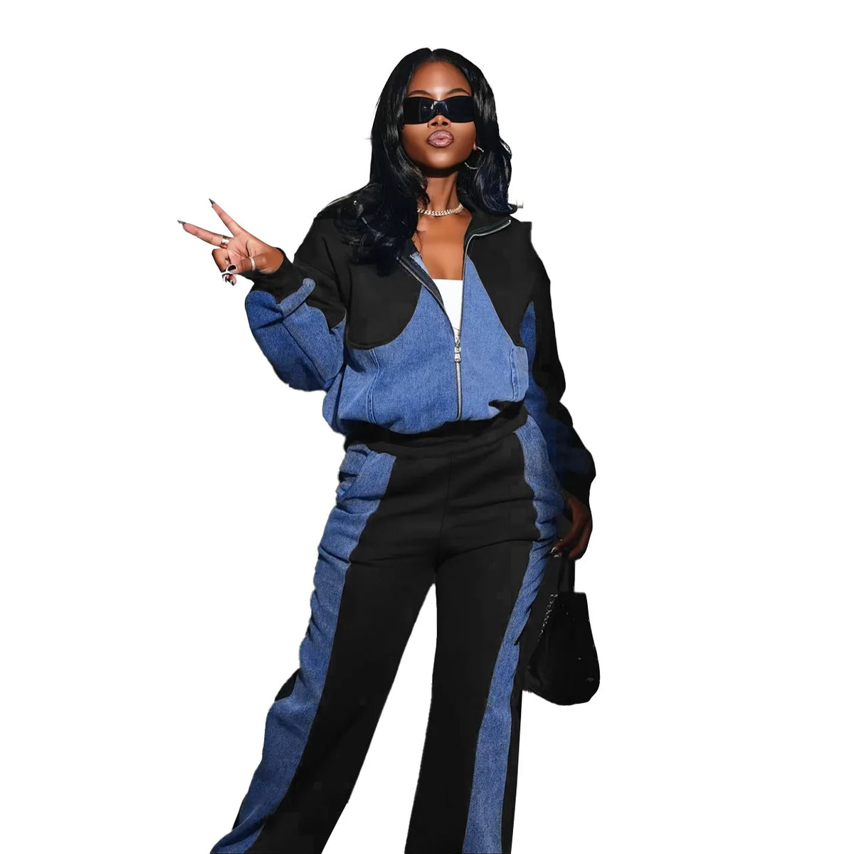 JN Fashion Fusion two-piece denim spliced pant set with zipper detail, turn-down collar, pockets, straight long pants, casual streetwear.