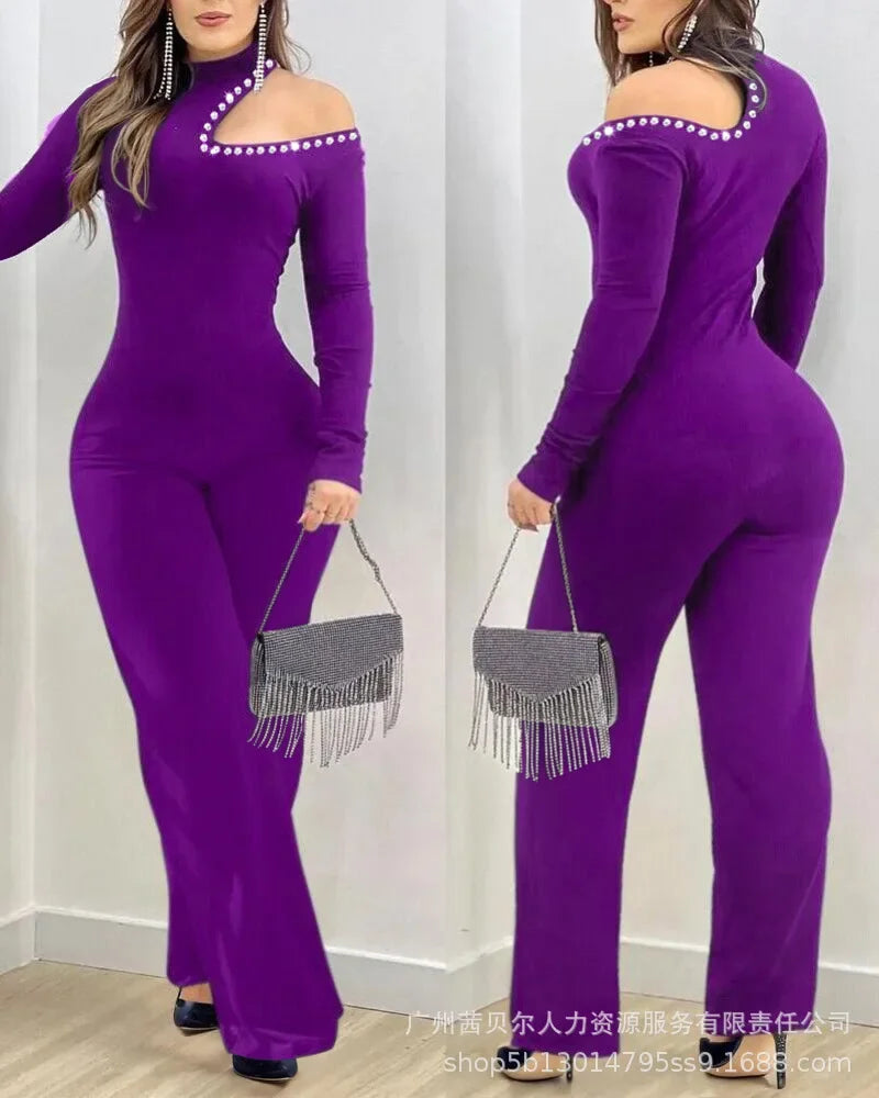 Women New Rhinestone Cold Shoulder High Neck Jumpsuit Long Sleeve Slim Fit Flared Jumpsuit - JN Fashion Fusion
