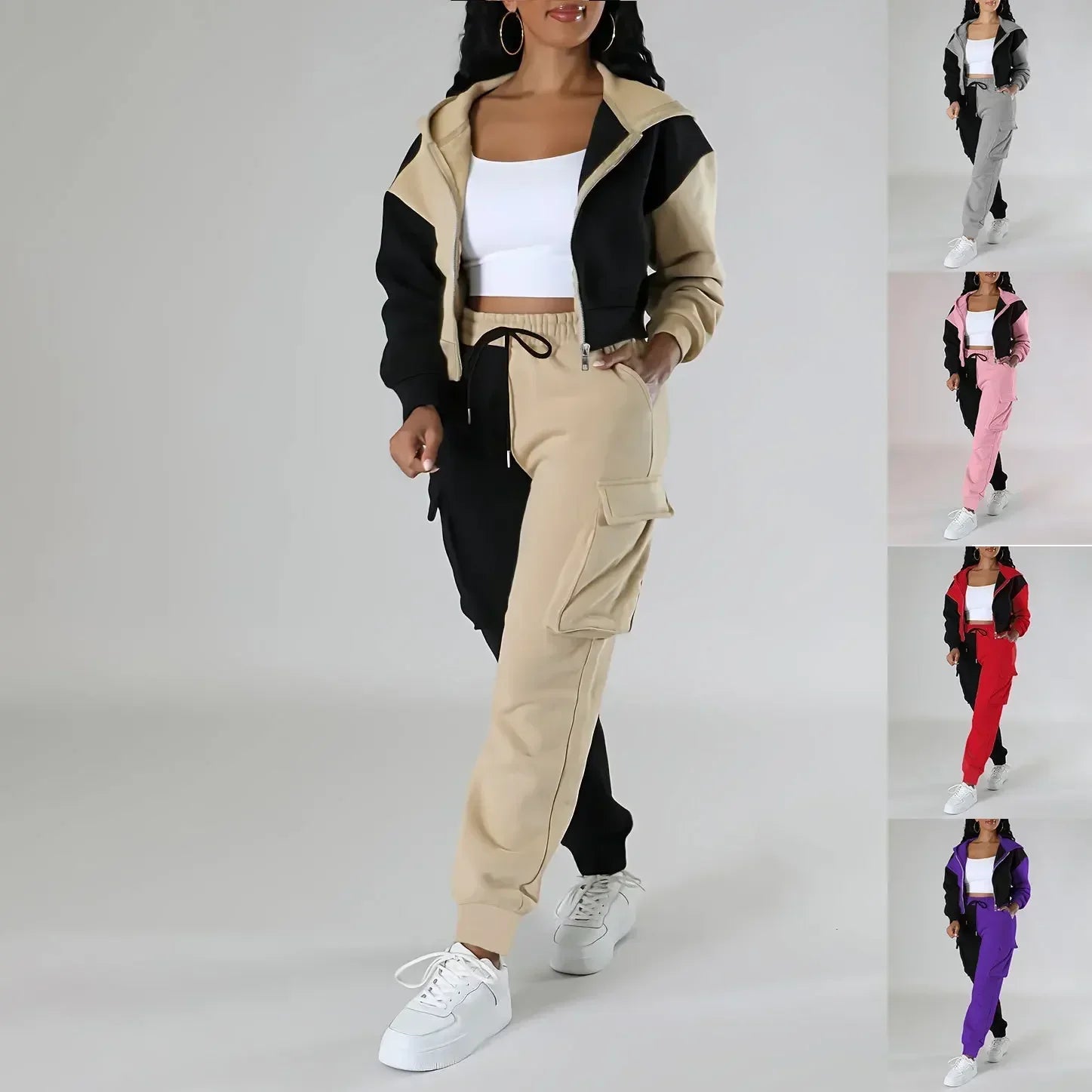 Women Loose Autumn Winter Two Pieces Suit Matching Sets Hoodie Tracksuit Blocked Zipper Short Outerwear Drawstring Cargo Pants - JN Fashion Fusion