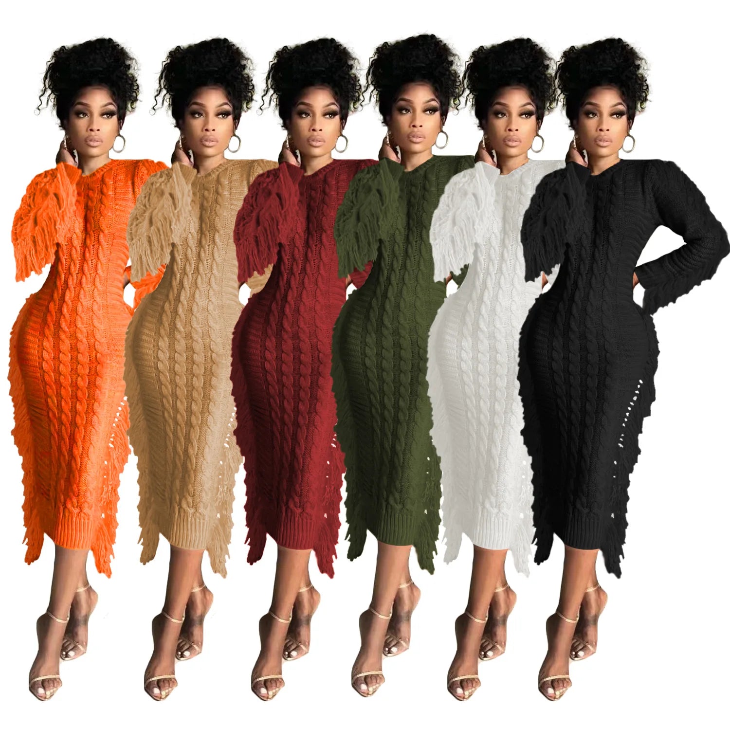 Long Tassel Edge Women's Sweater Dress TS1279 Polyester Thickened Long Sleeve round Neck Casual Style Comfortable Fit