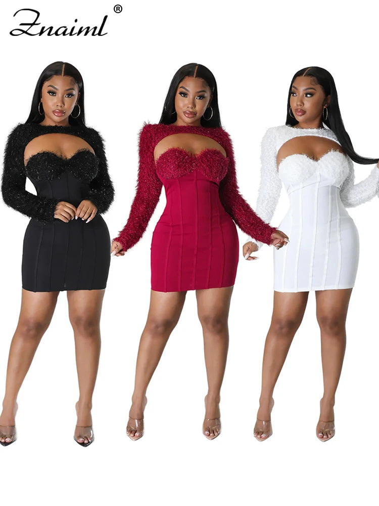 Znaiml Spring Fall  Velvet Evening Party Dresses for Women Elegant Corset Short Robe with Shawl Nightclub Prom Bodycon Vestidos - JN Fashion Fusion