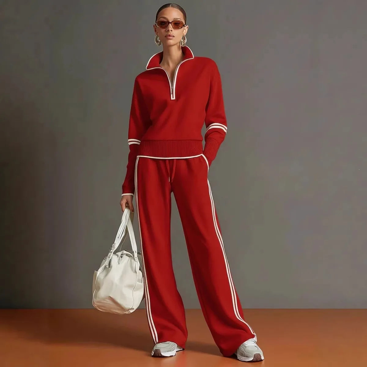 JN Fashion Fusion women's casual striped hoodie and wide-leg pants two-piece set, color blocking, autumn winter sports outfit.